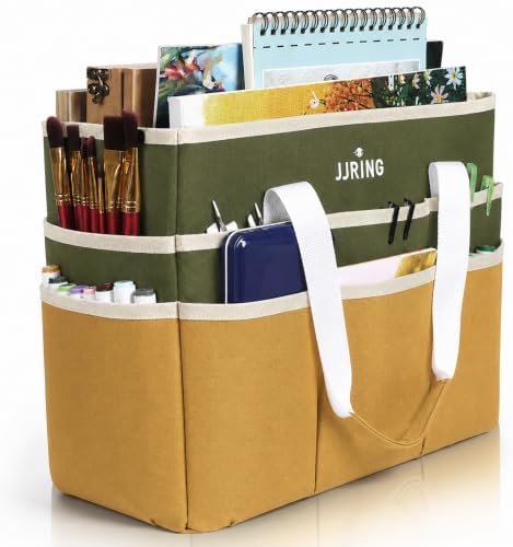 JJRING Craft Organizer Tote Bag Large Art Storage Caddy Dark Green&Brown | With Multiple Pockets For Sewing, Scrapbooking, School, Medical, And Office Supplies