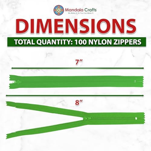 Mandala Crafts 100 PCs Green Closed-End 7 Inches Nylon Zippers for Sewing