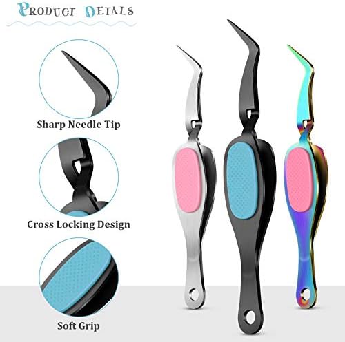 Honoson 3 Pcs Craft Tweezers Cross Locking Precision Curved Tweezers Soft-grip Stainless Steel Tool Pointed Tip Cutting Pliers for DIY Craft Jewelry Eyelash Extensions Nail Beading Tool