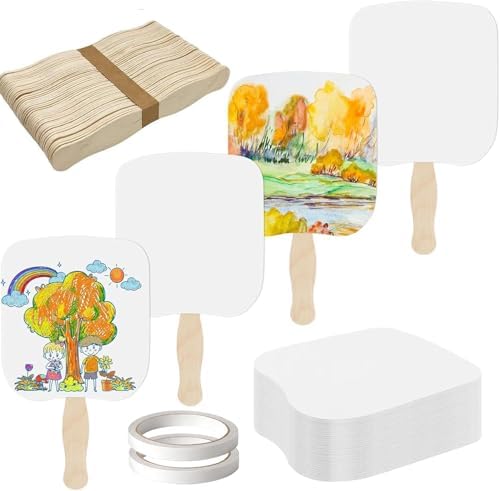 LOTMER 25 Sets Church Fans Handheld Kit | 50 Blank Cardstock Fan Sheets and 25 Wavy Wooden Sticks for DIY Painting, Custom Fans, Church Events and Craft Projects