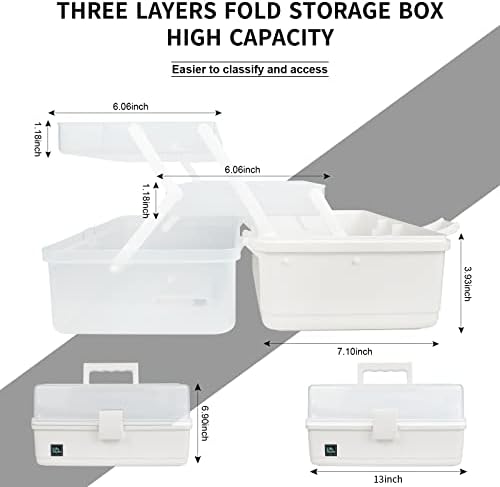 Creahaus 13 inch Art Craft Organizer Storage Box with 3 Layer, Multipurpose Plastic Tool Box with Handle for Sewing, Art Supply, Medicine, Nail, Hair Accessories (White)