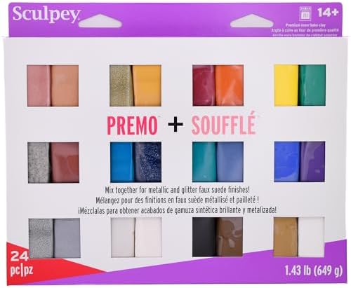 Sculpey: Multipack - Premo + Souffle - 24 Unique Color-Glitter Bars, Sampler Pack, Non-Toxic, Sculpt-Model Projects, Adult Arts-Crafts Supplies | Non-Toxic Oven-Bake Polymer Clay for Jewelry Making, Caning & DIY Crafts - Flexible, Suede and Satin Finishes