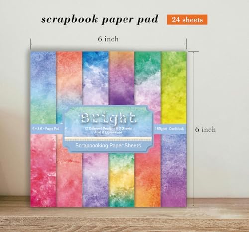 6 In Colorful Scrapbook Paper Pad, 24 Sheets Bright Patterned Designed Card Making Decorative Material Decoupage Cardstock Supplies Folded Material Gift Wrapping Journals DIY Crafts Photo Album