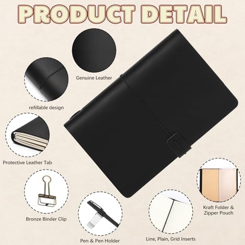 Thenshop Leather Travel Notebook 3 Inserts,Black,A5 Size