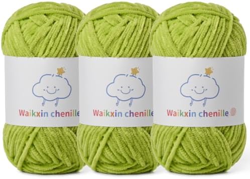 Skinny Chenille Yarn for Crocheting, 3 Pack of 1.75 oz/109 yds Amigurumi Yarn&Baby Yarn for Crocheting Soft, Fluffy Fingering Weight Velvet Yarn for DIY Crafts&Baby Blankets.(3 Lime Green)