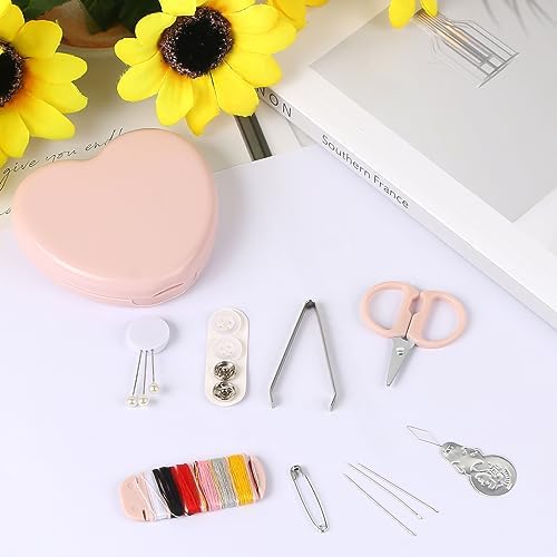 MIDELONG Heart Shaped Portable Travel Sewing Repair Kit - Mini Box with Threads, Scissors, DIY Hand Sewing Needles, Pink
