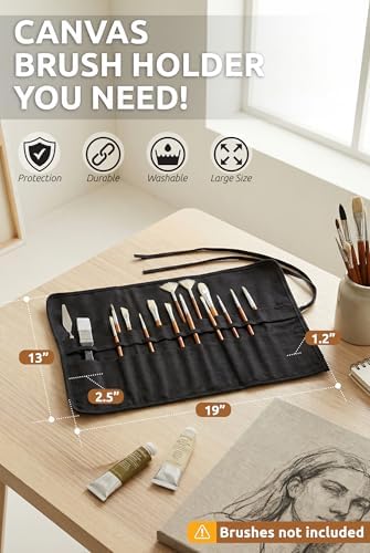 30-Slot Roll-Up Canvas Brush Holder with Lay-Flat Design, Black Brush Case