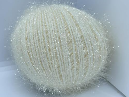 Sparkly Eyelash Fantasy Knitting Yarn | Metallic Lurex Nylon Short Eyelash Yarn | 50g (1.76oz) |140m(155 Yards) | Shiny Crochet Thread for Amigurumi & Decorative Projects (1, Cream)