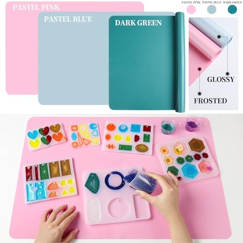 LEOBRO Silicone Mat for Crafts, 3 PCS 23.4” x 15.6” Large Silicone Mats, Craft Mats for Resin Molds, Clay, Dough, Jewelry Making, Sculpture Casting, Pastel Pink & Dark Green & Pastel Blue