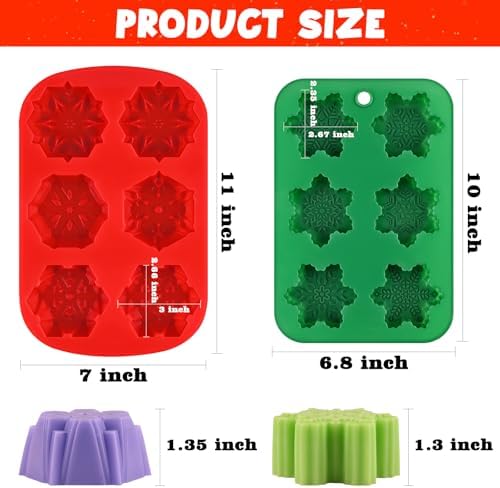 HUAKENER 2 Pack Snowflakes Soap Molds, Large Size Christmas Soap Molds | Nonstick, Food Grade Material, Snowflakes Silicone Mold for Handmade Soap, Mini Cakes, Brownies, Chocolate, Jello