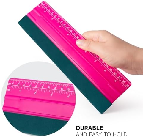 FOSHIO Professional Squeegee for Vinyl, Decals, Sticker Paper, Wallpaper, Window Film, Craft, Suede Felt Squeegee Smoothing Tool with Ruler, Pink (10 inches)