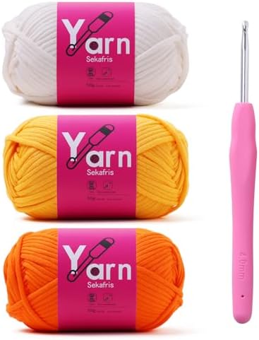 Crochet Yarn with Cotton Yarn for Crocheting - Crochet Knitting Yarn for Beginners with Easy-to-See Stitches - Yarns for Crocheting - Parfait Chunky Yarns(Golden Yellow+White+Orange Peel