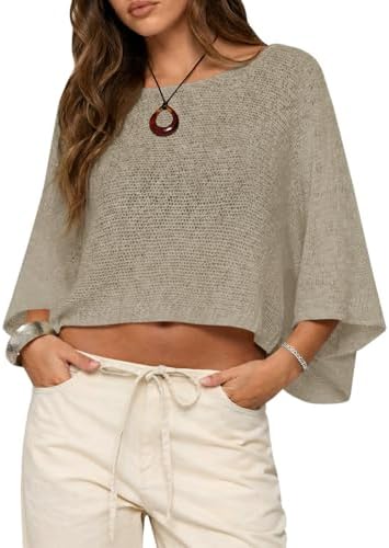 Saodimallsu Womens Crochet Cover Ups Batwing Sleeve Sweater Crop Tops Lightweight Summer Boho Knit Sheer Poncho Top