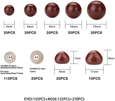Safety Eyes and Noses for Amigurumi, Brown Plastic Doll Eyes and Teddy Bear Nose with Washers for Crochet Stuffed Animals, Crochet Toy and Teddy Bear for Doll Making Supplies