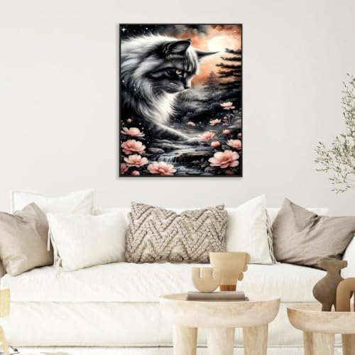 Black Cat DIY Diamond Painting Kits for Adults, Moonlight Stream Diamond Art Kits for Beginners, 5D Cat Full Drill Diamond Dot Painting Gem Art Kits for Home Wall Decor 12 x16 Inch