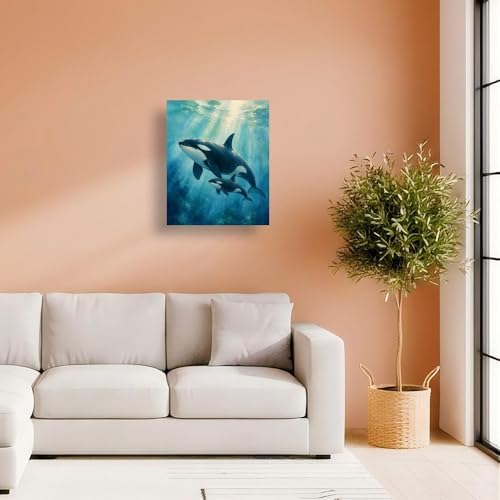 Marine Wildlife Digital Painting Kit for Adults - DIY Orca Whale Mother and Calf Oil Painting on Canvas 12X16IN framed, Acrylic Paint Kit, Good for Beginners, Coastal Home Decor or Gift Artwork