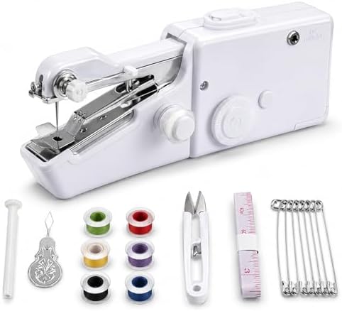 AMYJOY Mini Handheld Sewing Machine for Beginners, Portable Cordless Sewing Machine with Complete Sewing Kit, Battery Operated Stitch Tool for Clothing Repair, DIY Craft, Home & Travel Use – White