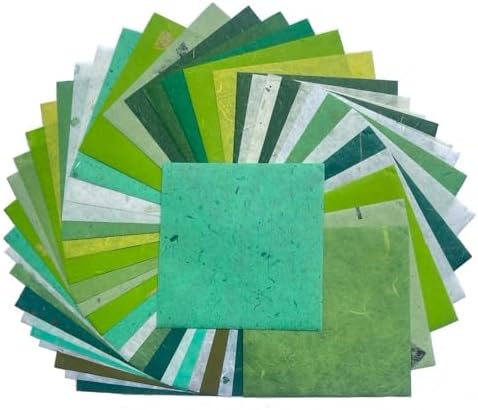 Natural Fiber Mulberry Paper Sheets 6 x 6 Inches, 50 PCS Handmade Craft Paper for Origami, Scrapbooking, Card Making, DIY Decoration, Mixed Media Art (Mixed Green Rice Straw etc.,,, 6 x 6)