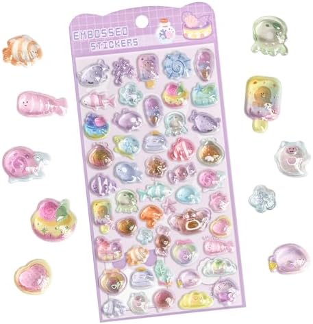 Cute Relief Stickers Purple Ocean Theme Puff Stickers with Glitter Kawaii Fish, Snails, Seaweed 3D Puffy for Scrapbooks Planner Journals Laptops Phone Case Decoration Laptops Phone Case DIY