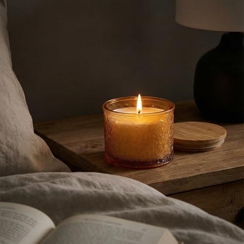 10 oz Embossed Glass Candle Container with Bamboo Lids and Labels,Orange Candle Jars for Making Candles,Mandala Design - Pack of 9