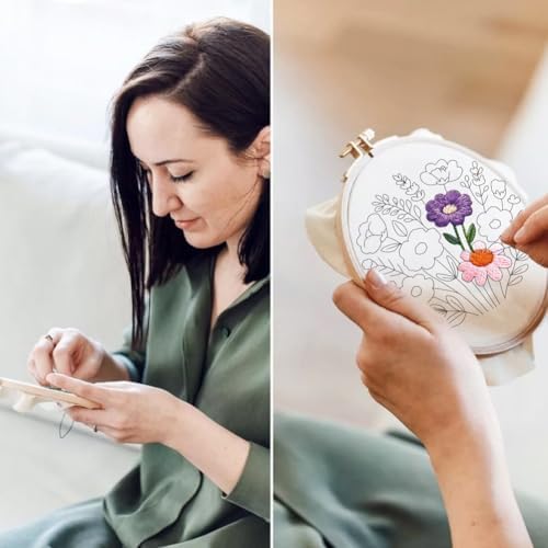 ORIGACH 4 Pack Easy Flower Embroidery Kits for Beginners DIY Starter Hand Embroidery Kit with Floral & Plants Patterns and Instructions for Adults Women Crafting