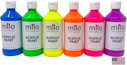 milo Fluorescent Acrylic Paint Set of 6 Colors | 8 oz Bottles | Student Neon Colors Acrylics Painting Pack | Glows UV in Black Light | Non-Toxic Arts & Crafts Paints for Artists & Hobby Painters | Made in USA