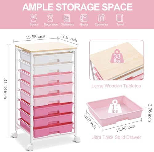 SYKIARIOL Rolling Cart with Drawers,Utility Cart with 8 Drawers,Rose Pink | Craft Organizers and Storage Cart with Wooden Tabletop for Living Room,Classroom, Bedroom,Dorm,Home Office