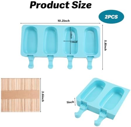 Popsicles Molds, 2Pcs Homemade Cake Pop Molds with Wooden Popsicles Sticks, Reusable Silicone Ice Pop Cream Cakesicle Maker Mold 4 Cavities for Home DIY Craft, Blue