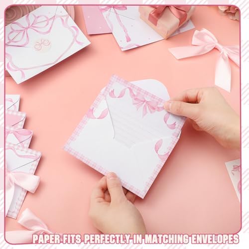 TaoBary 160 Pcs Pink Bow Stationery Paper Set for Girls with Stationery Letter and Envelopes 50 Double Sided Papers with 50 Matching Envelopes and 60 Round Dot Sticker 10 Design (5.5 x 8.25 Inch)
