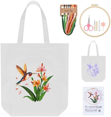 ERKOON Embroidery Canvas Tote Bag for Beginners, Needlepoint Arts Crafts Cross Stitch Kits for Adults Including Stamped Embroidery Bag with Hoops, Needle, Instruction and Color Threads (Hummingbird)