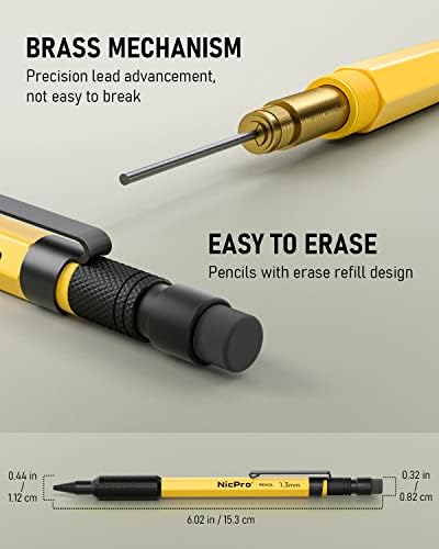 Nicpro 3 PCS 1.3 mm Mechanical Pencil Set with 48 Lead Refills, 3 Eraser