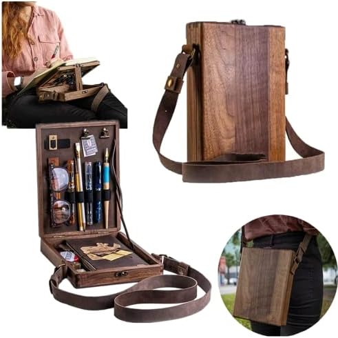 Writers Messenger Wood Box, Multifunctional Wooden Handmade Crossbody Postman Bag Portable Artist Tool Bag Painting Brush Tool Storage Sketch Box Easel for Outdoor Painting (Brown)…