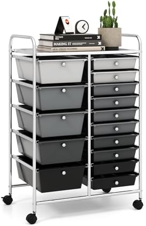 LDAILY 15 Drawer Rolling Storage Cart, Rolling Cart with Drawers for Classroom, Art Supply Craft Organizer on Wheel with Metal Frame & Handles for Home Office School