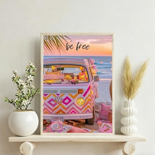 EOPLK Beach Diamond Painting Kits for Adults, Be Free Beach Van Diamond Art Kit for Beginners, 5D DIY Full Drill Round Gem Painting by Numbers for Home Wall Decor Gift, 12x16 inch