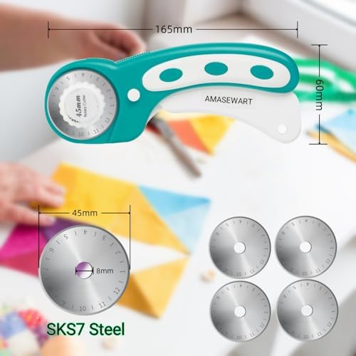 45mm Rotary Cutter and Mat Set, Fabric Cutter Wheel and 12x18 Inch Self Healing Sewing Cutting Mat, Fabric Rotary Cutter with 5pcs Rotary Blades for Quilting Patchworking Crafts, Turquoise