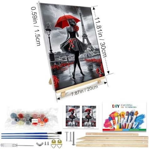 JOOZ Paint by Numbers Kit for Adults with Frame, Eiffel Tower Paint by Number with Easel, DIY Rose Woman Oil Painting by Numbers with Red Umbrella, Adult Paint by Number Kits for Wall Decor 8x12 Inch