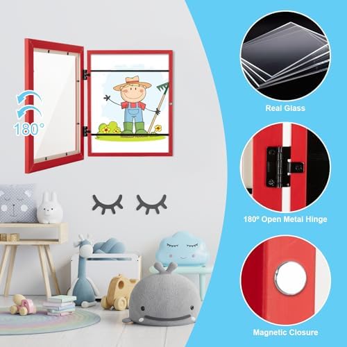 [2-Pack] Kids Art Frames, 8.5x11 Front Opening Kids Artwork Frames Changeable, Red Artwork Display Storage Frame for Wall, Holds 50 Pcs, for 3D Picture, Crafts, Children Drawing, Hanging Art,
