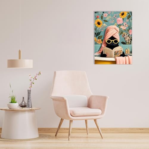 MAXBYE Paint by Numbers Kit for Adults with Frame and Wooden Easel, Easy Black Cat on Bathtub Painting Numbers Art Kits on Canvas, DIY Acrylic Painting Kit for Gift Home Wall Garden Decor 10×14 in
