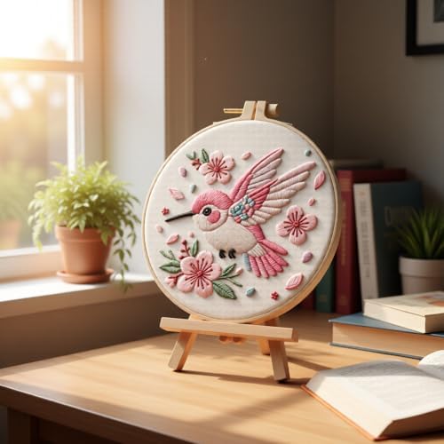 JJFox Embroidery Kit for Beginners and Adults, DIY Hand Embroidery Starter Kit with Cute Pattern, Cross Stitch Needlepoint Set with Hoop, Threads and Instructions (Hummingbird)
