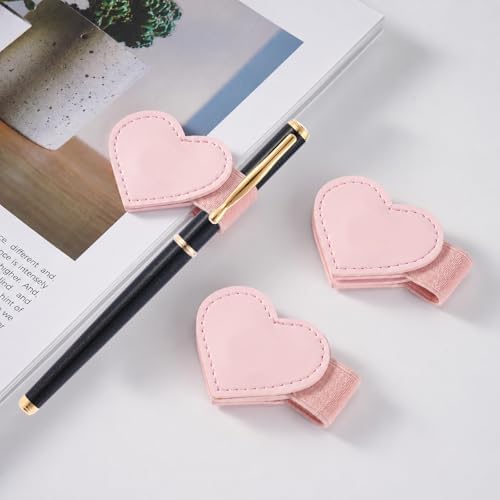 3 PCS Magnetic Pen Holder for Notebook, Journal, Planner, Cute Heart-Shaped Magnetic Pen Loop Holders Gift for Readers, Book Lovers, PU Leather Book Mark Pencil Holder Clip for Women Men