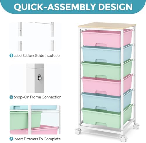 6 Drawer Rolling Storage Cart with Wooden Top and Wheels for Craft Rainbow