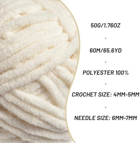 Plush Chenille Chunky Crochet Yarn - Baby Yarn for Crocheting Soft - Velvet Yarns Knitting for Blankets Crafts - Fluffy Amigurumi Yarns 50g / 65.6yd (White)