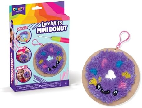 LatchKits Mini Donut - Latch Hook Kits for Kids, Arts and Crafts, Yarn Art, Kids Crafts, Toys for Girls, Birthday Gift for Girls, Easy to Follow Patten, Hook Included, Craft Kits, Ages 6+