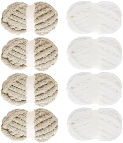 MABOZOO Assorted Chunky Yarn for Hand Knitting 8 Pack, Fluffy Jumbo Chenille Yarn, Soft Plush Yarn Bulky, Giant Thick Fuzzy Yarn for Arm Knitting,4 White & 4 Khaki(31.7 yds,8 oz Each Skein)