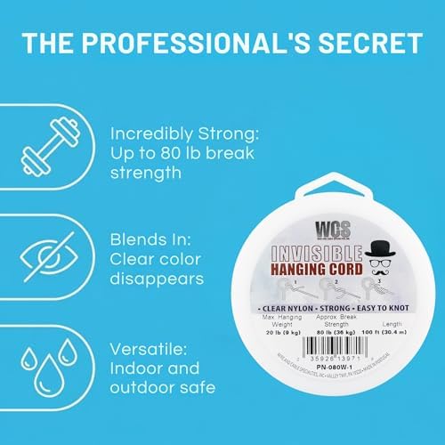 WCS Invisible Hanging Wire Clear Cord Nylon String, 100ft - 20 lb / 9 kg