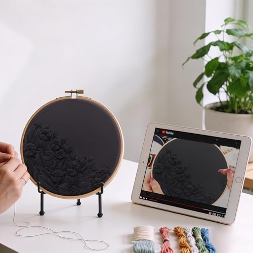 Armindou Black Flowers Embroidery Kits for Beginners Adults, Floral Hand Embroidery Set Needlepoint DIY Kit, Stamped Cross Stitch Kits for Beginners Adult, 2 Embroidery Hoops (Attached Video Tutorial)