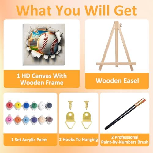Baseball Paint by Numbers Kit for Kids, 8x8 inch