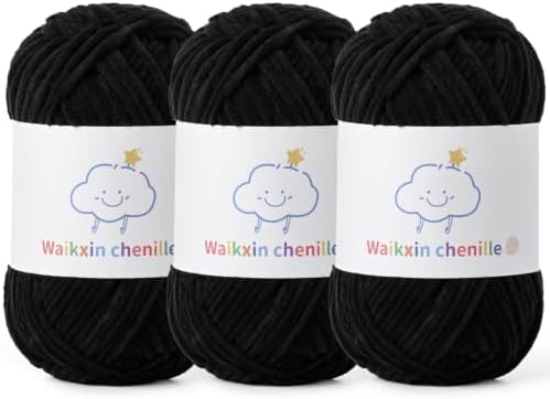 Skinny Chenille Yarn for Crocheting, 3 Pack of 1.75 oz/109 yds Amigurumi Yarn&Baby Yarn for Crocheting Soft, Fluffy Fingering Weight Velvet Yarn for DIY Crafts&Baby Blankets.(3 Black)