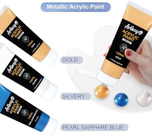 Artkey Metallic Acrylic Paint - Gold (120 ml/4.06 oz) Tubes, Rich & Vibrant Pigments, Professional Artists Acrylic Paints - Art Supplies for Canvas Wood Rock Clay Fabric Ceramics Art Crafts Painting