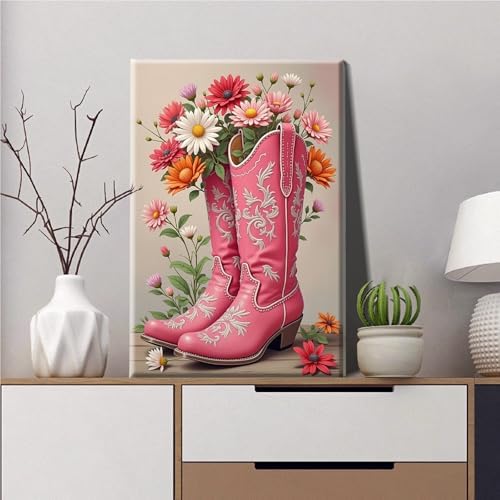 JOOZ Framed Paint by Numbers Kit for Adults, Pink Cowboy Boots Paint by Number with Easel, DIY Flowers Oil Painting by Numbers, Adult Paint by Number Kits Framed Canvas for Home Wall Decor 8x12 Inch